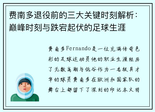 费南多退役前的三大关键时刻解析：巅峰时刻与跌宕起伏的足球生涯